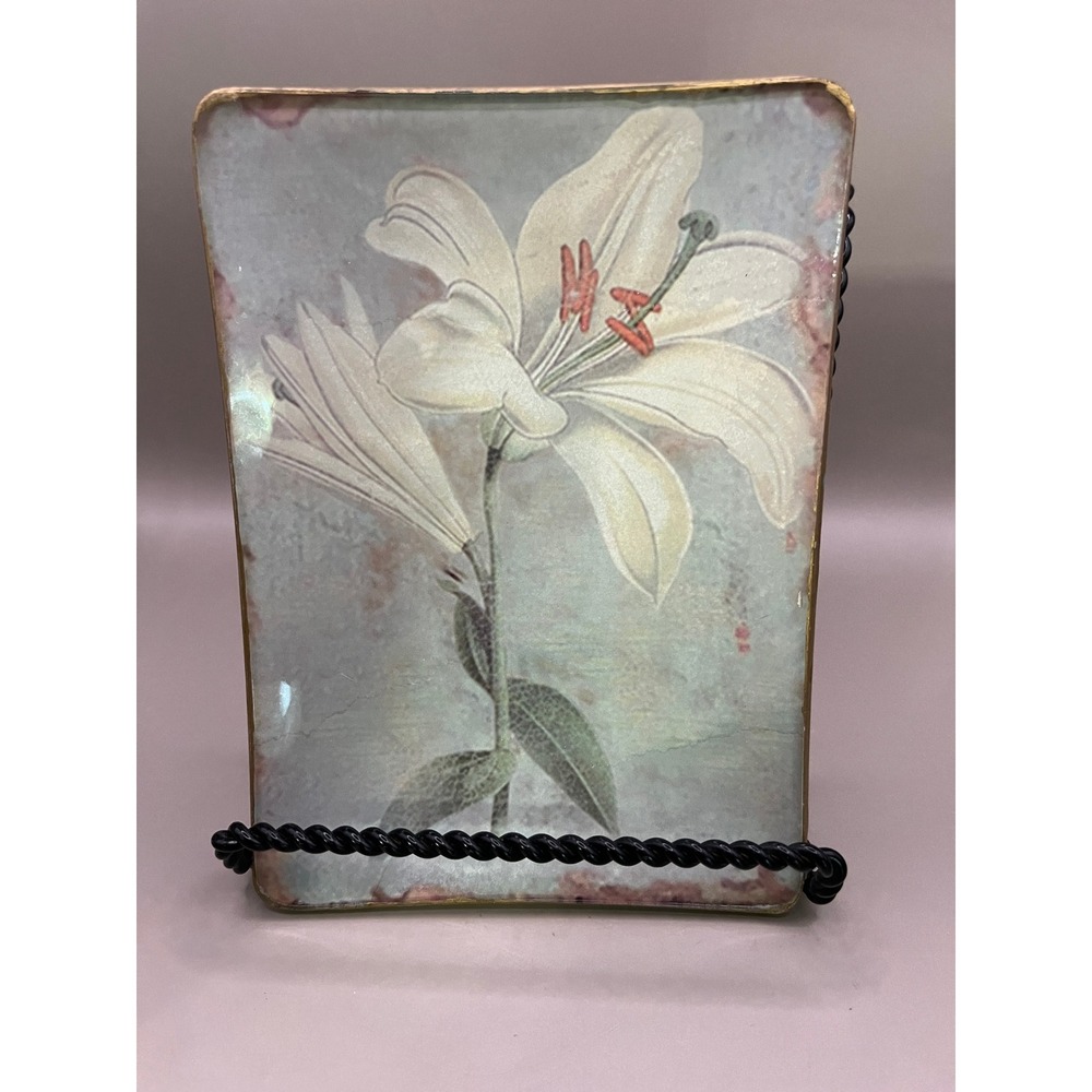Vtg Glass Rectangular Decorative Plate Lilly Floral Flower Gold Gilding 7" x 5"